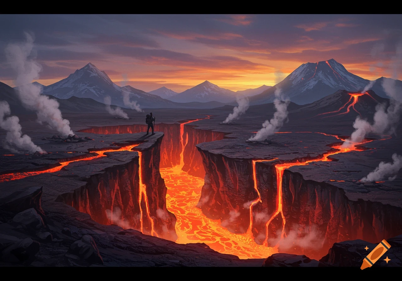 A lone figure stands on a cliff overlooking a volcanic canyon with glowing lava rivers and smoking cracks under a fiery sunset sky, digital painting.