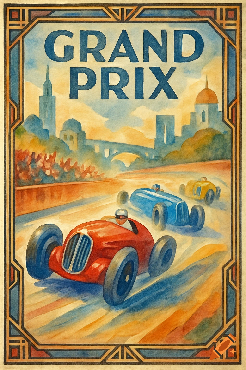 Watercolor Art Deco style poster of vintage racing cars on a track with a cityscape in the background, titled GRAND PRIX.