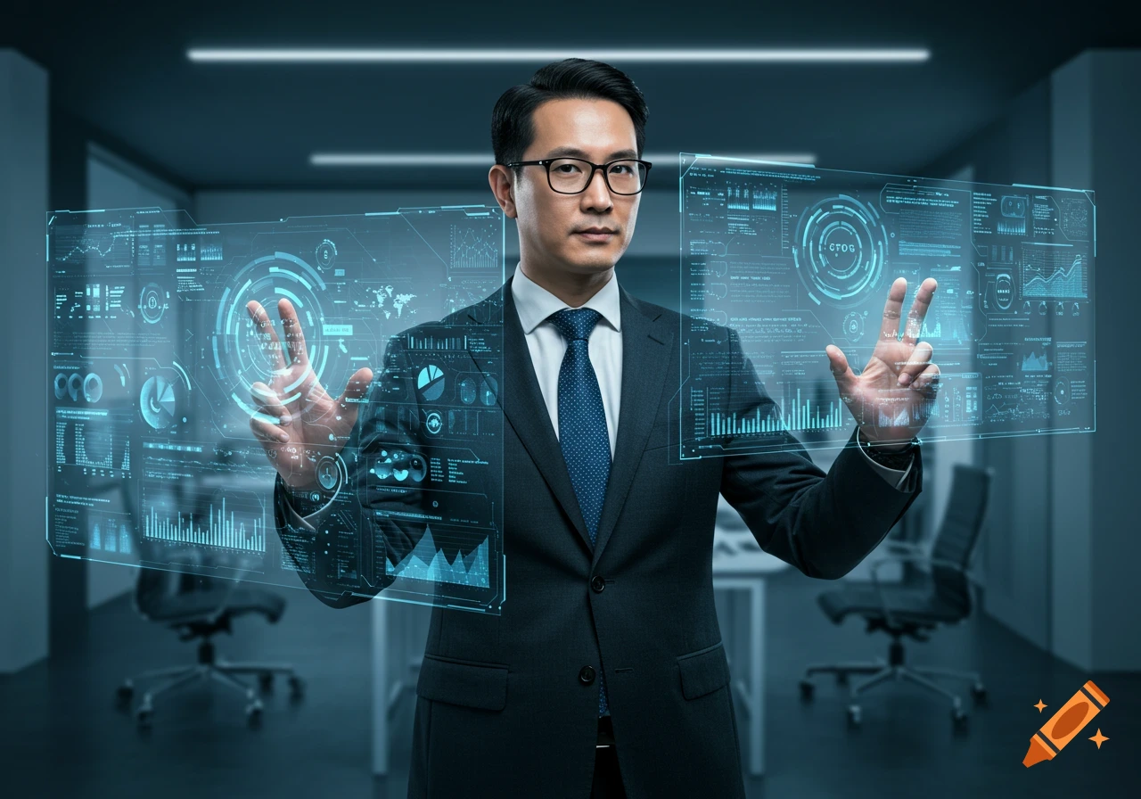 A professional man in a suit and glasses interacts with holographic data interfaces in a modern office.