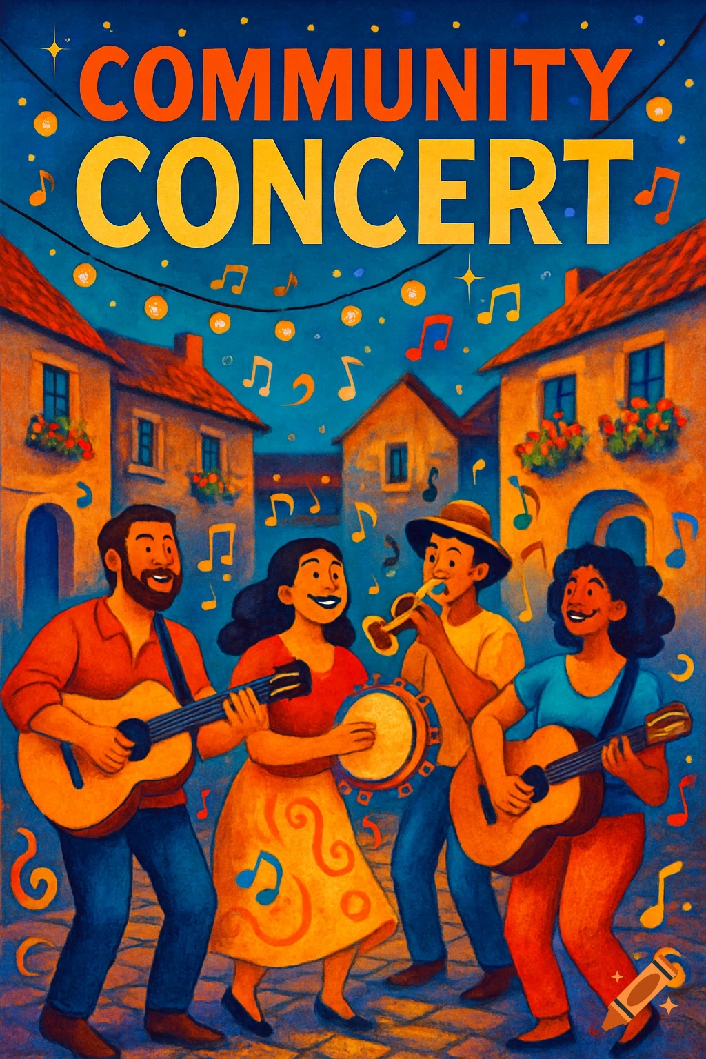 Vibrant illustration of a community concert with four musicians playing instruments in a colorful village square, under a sky filled with musical notes and string lights.