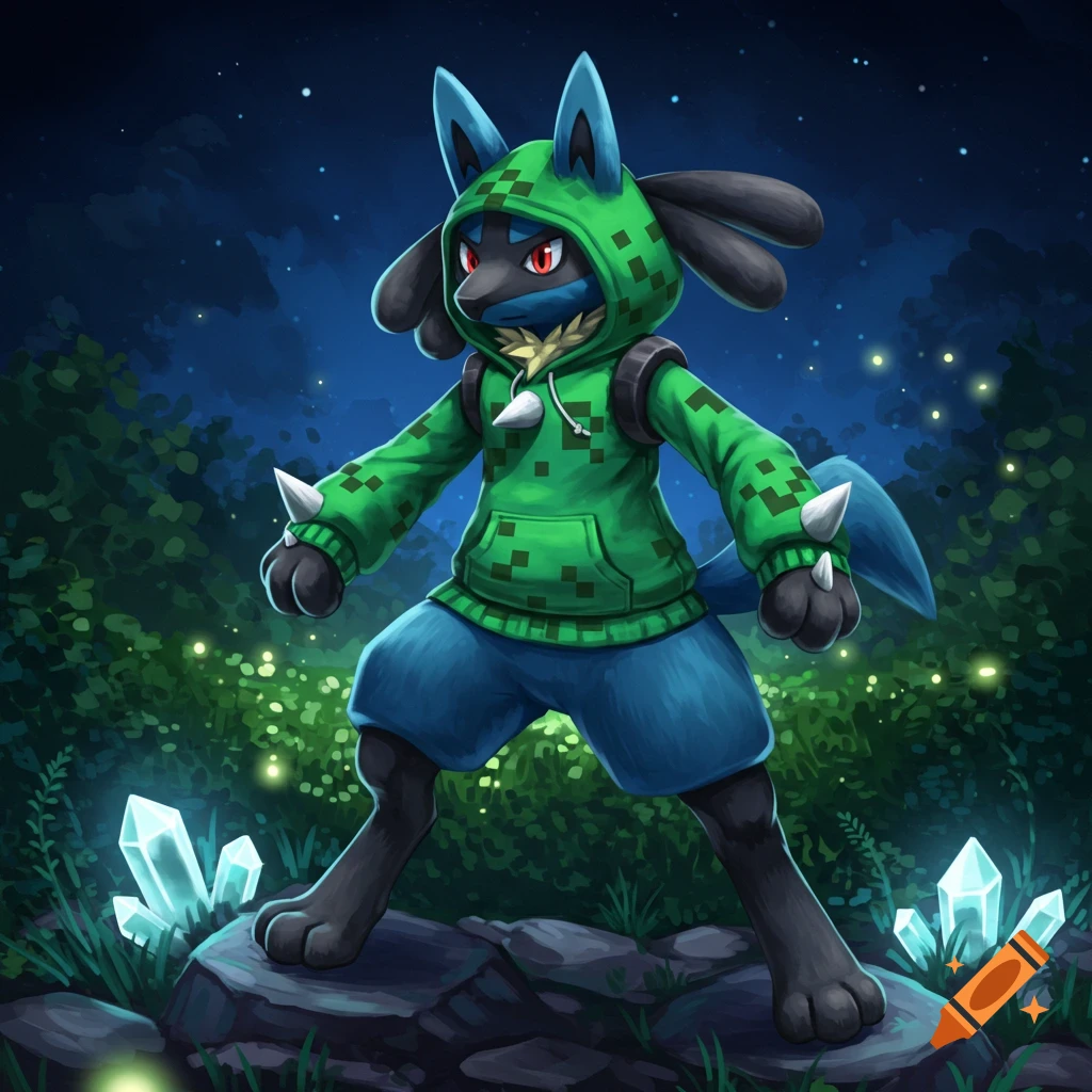 Lucario in a green pixelated creeper hoodie and blue shorts stands in a dark forest at night with glowing crystals.