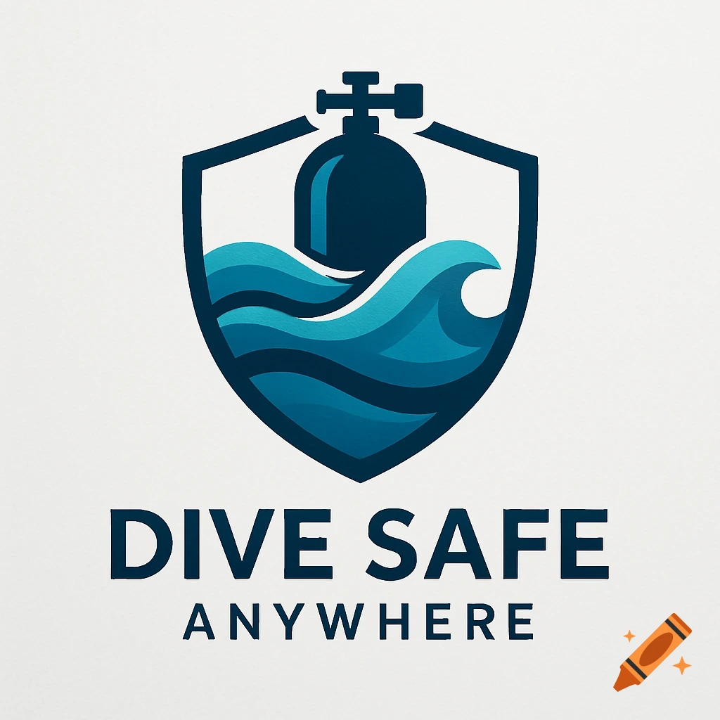 A shield logo featuring a scuba tank in blue waves, with the text "DIVE SAFE ANYWHERE" below.