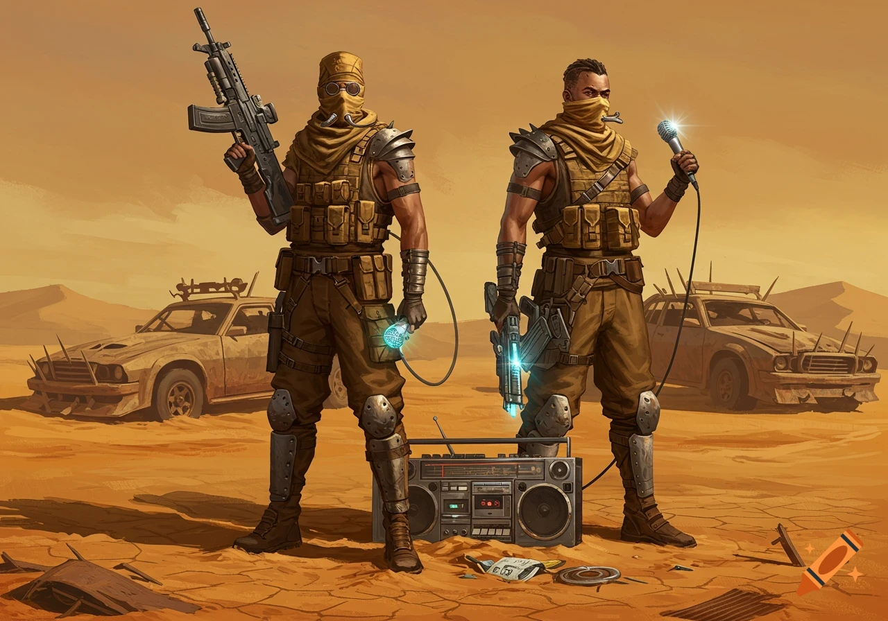 Two futuristic desert warriors, one with a rifle and one with a microphone, stand by a boombox in a post-apocalyptic desert with ruined cars, illustration.