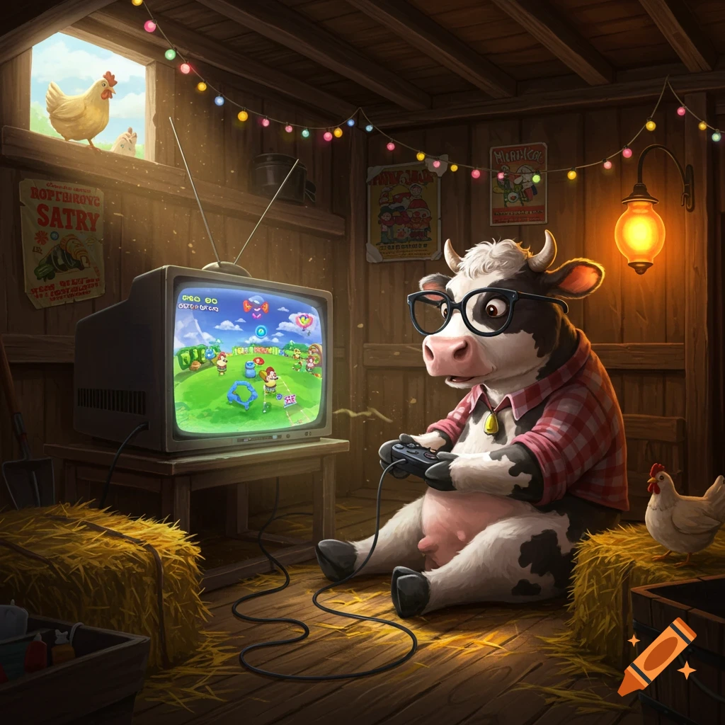 A cartoon cow wearing glasses and a plaid shirt sits on a barn floor, playing a video game on an old TV, with chickens nearby.