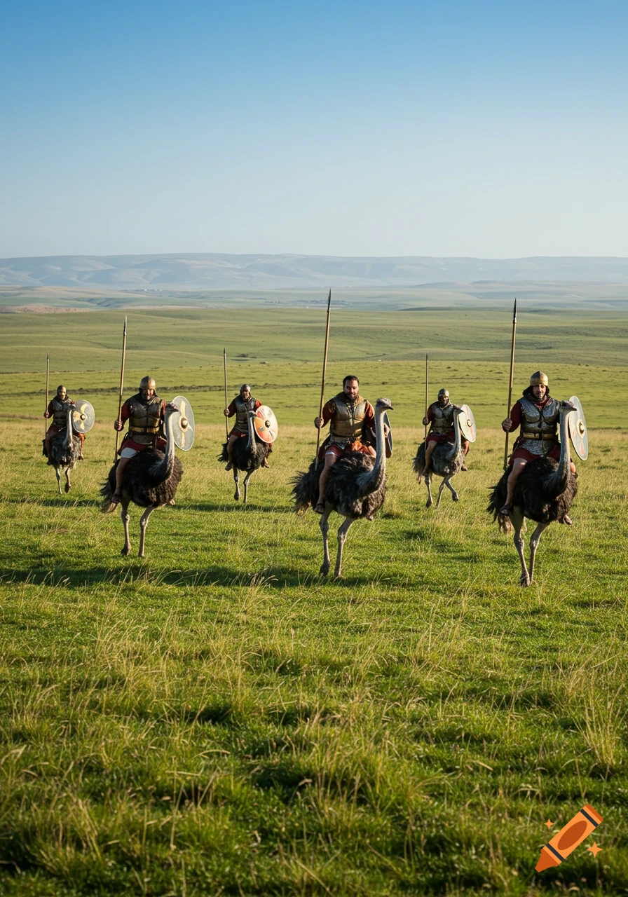 Five ancient warriors in armor and helmets ride ostriches across a wide grassy plain towards distant hills under a clear blue sky.