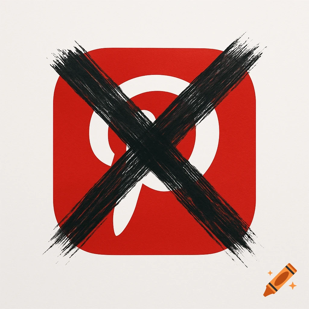 A red Pinterest app icon with a large, black, brushstroke 'X' painted over it, on a white background.