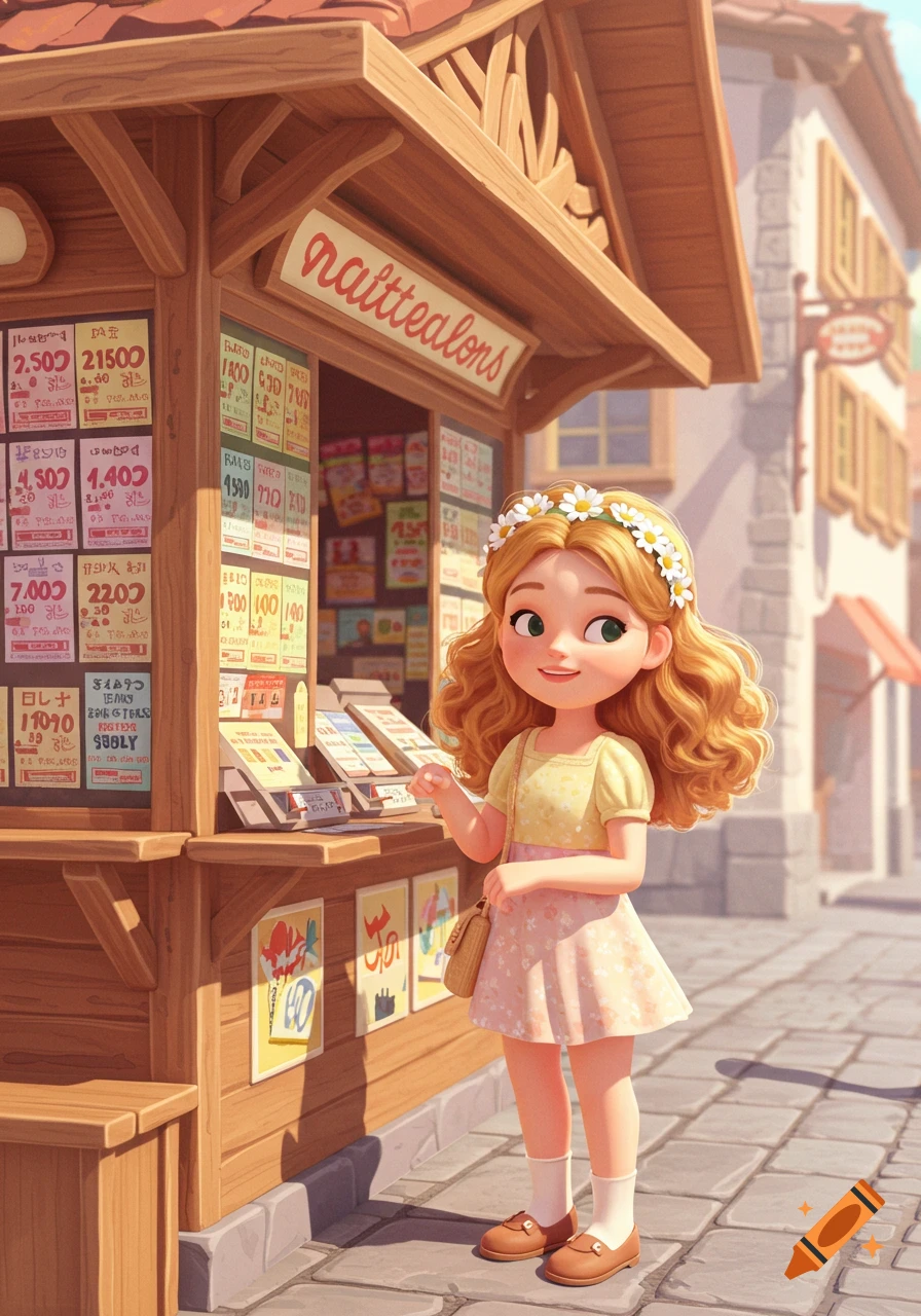 A smiling blond girl with a flower headband stands at a wooden kiosk on a quaint street in Pixar style.
