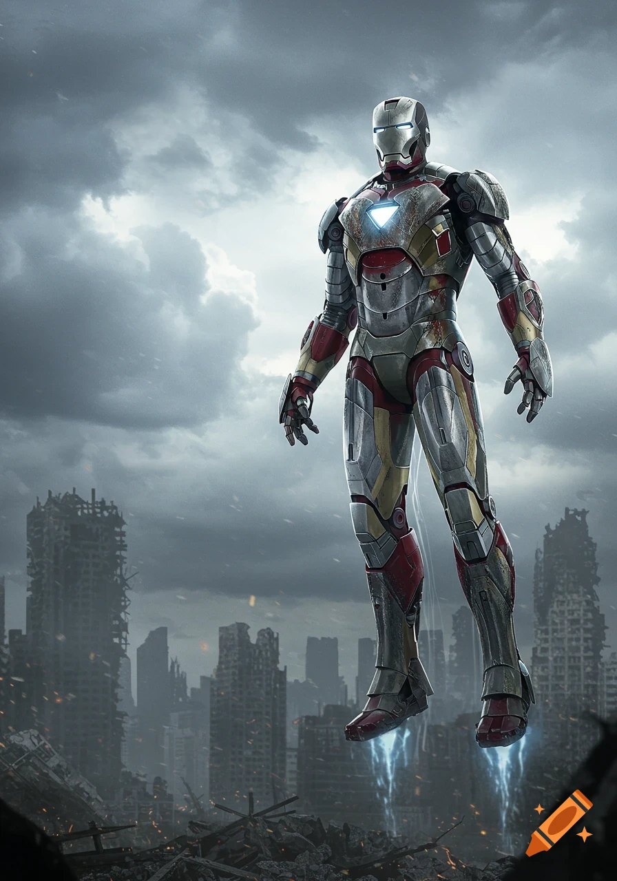 Photorealistic Iron Man Mark 1 suit floats above a devastated city under a cloudy, dramatic sky.