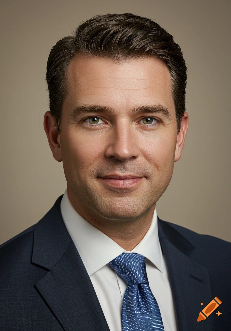 Photorealistic headshot of a man in a dark blue business suit and blue tie smiling confidently against a neutral background.