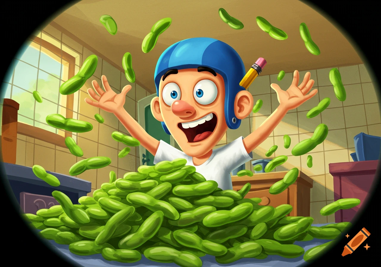 A joyful cartoon boy in a blue helmet with a pencil behind his ear is surrounded by green beans in a kitchen setting.
