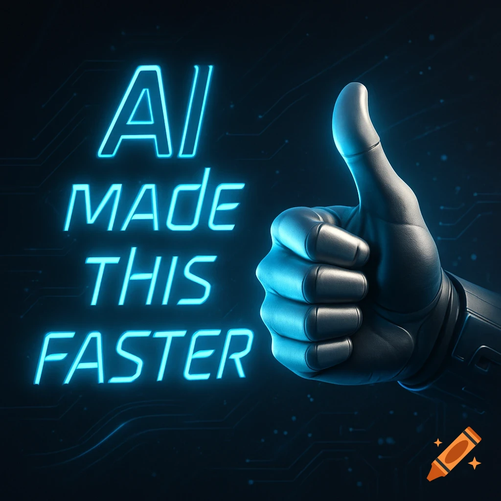 A dark image with glowing blue neon text that reads "AI MADE THIS FASTER" next to a metallic robotic arm giving a thumbs up.