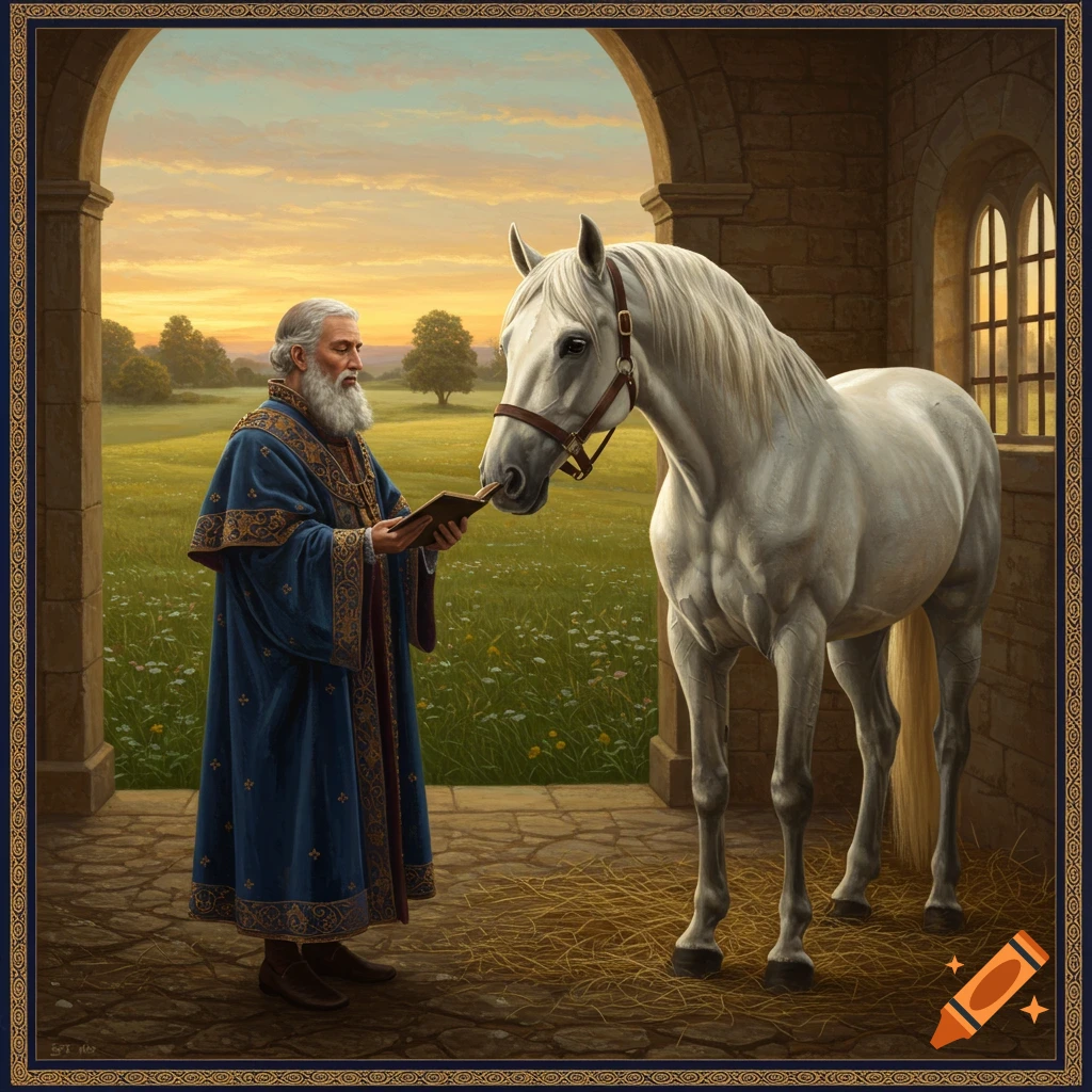 Renaissance painting of an old man in blue robes holding a book, interacting with a white horse under an archway with a field at sunset.