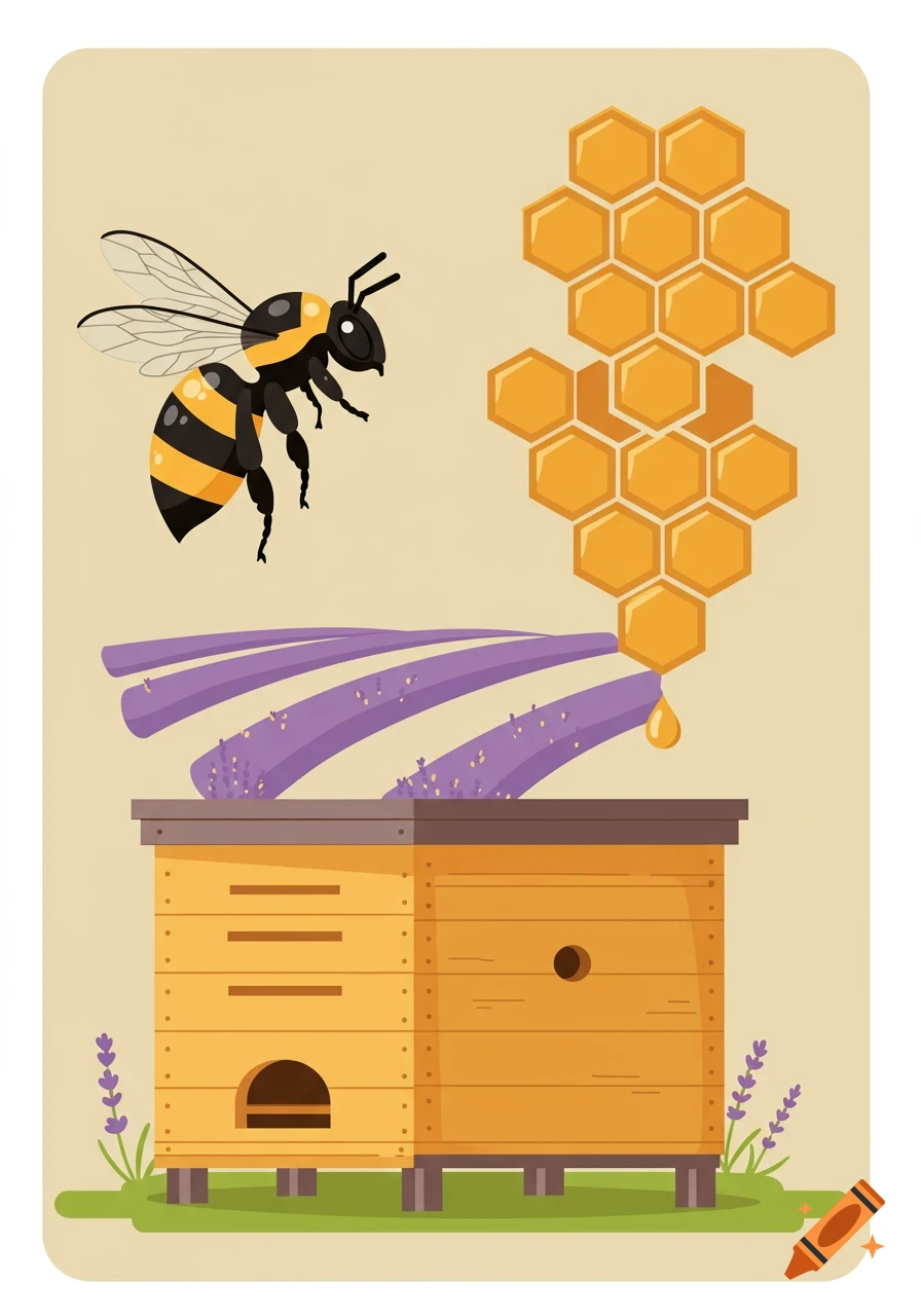 A stylized illustration of a bee flying over a beehive with honeycomb dripping honey and purple lavender flowers.