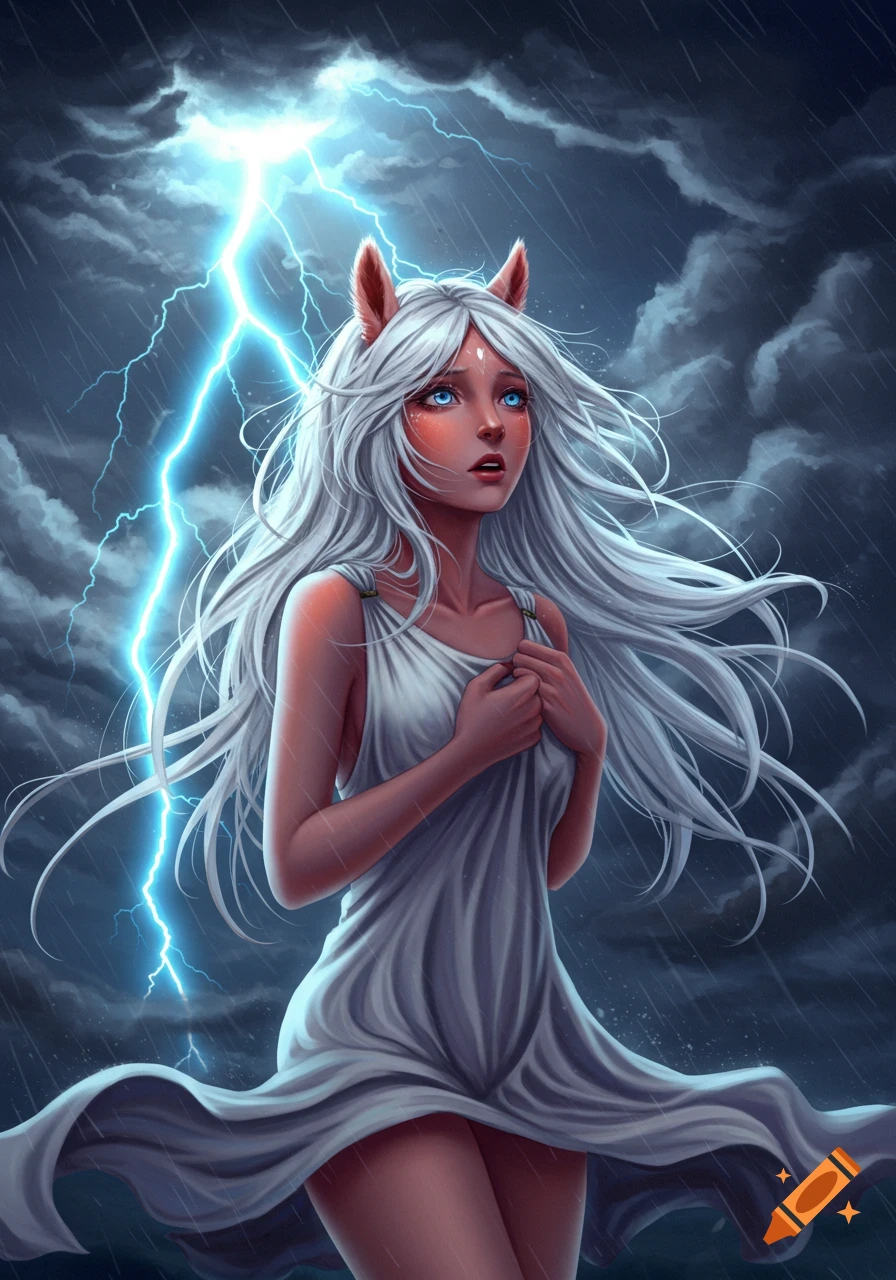 A fantasy girl with long white hair and animal ears looks up in fear during a thunderstorm with a bright lightning bolt in the dark sky.