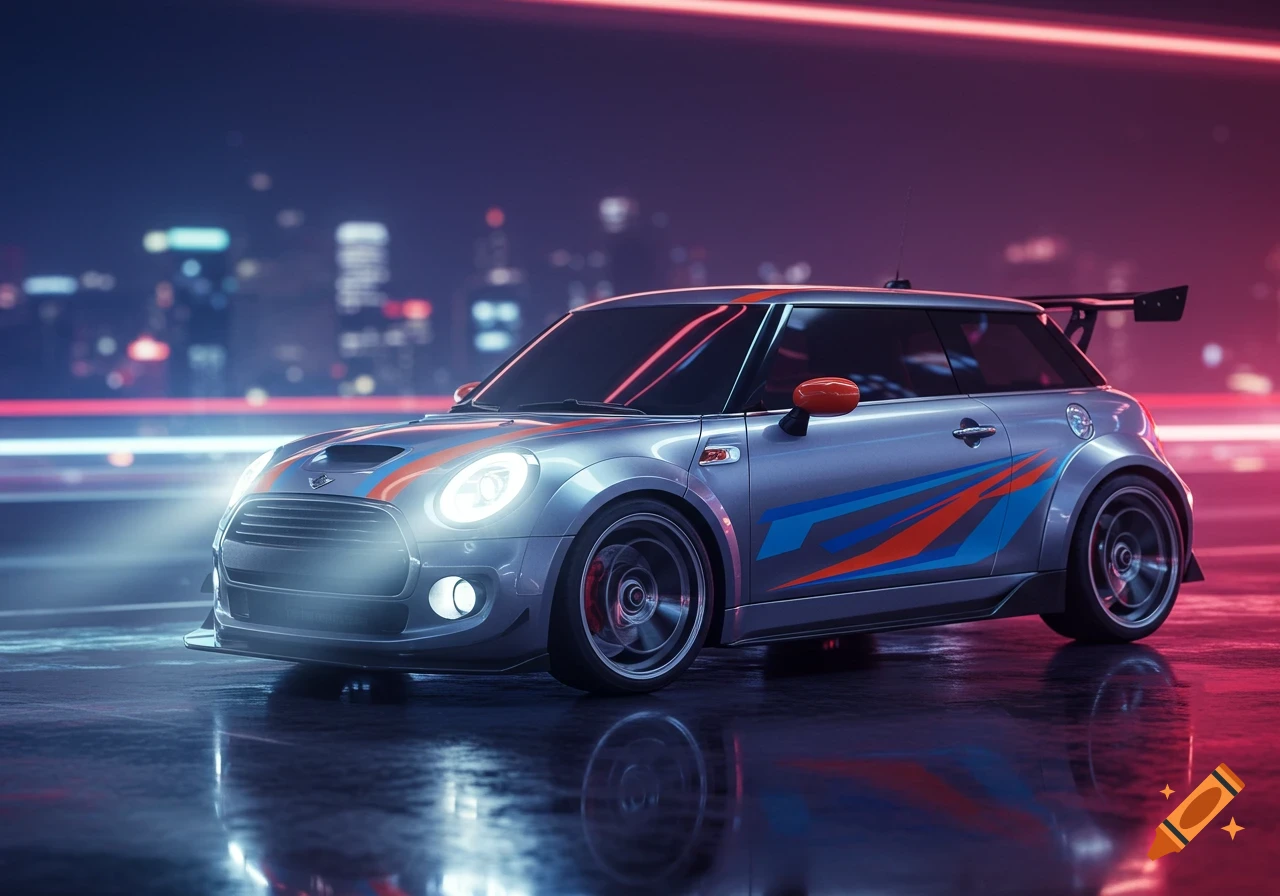 A customized silver Mini Cooper with orange and blue racing stripes, parked at night with glowing city lights reflecting on the wet ground.