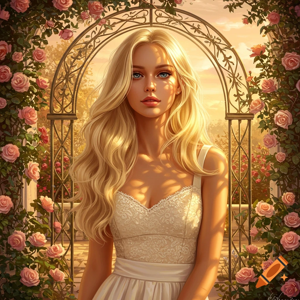 A blonde woman with blue eyes in a white dress stands under a rose-covered archway, bathed in golden sunlight.