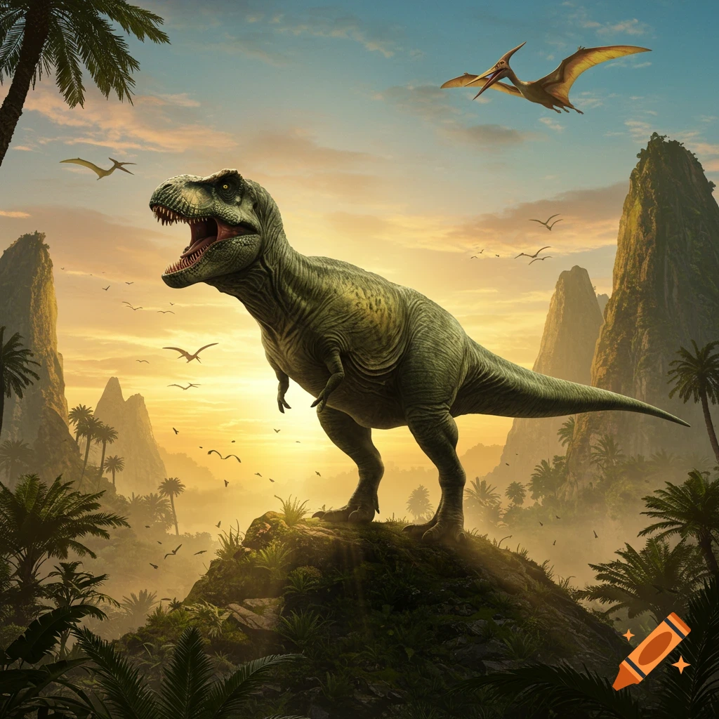 A large green Tyrannosaurus Rex roars on a rocky hill in a vibrant prehistoric jungle with mountains and pterodactyls at sunset.
