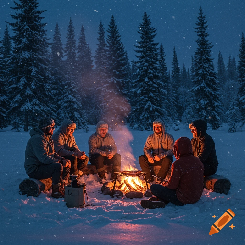 A group of people sit around a glowing bonfire in a snowy forest at night, with snow gently falling.