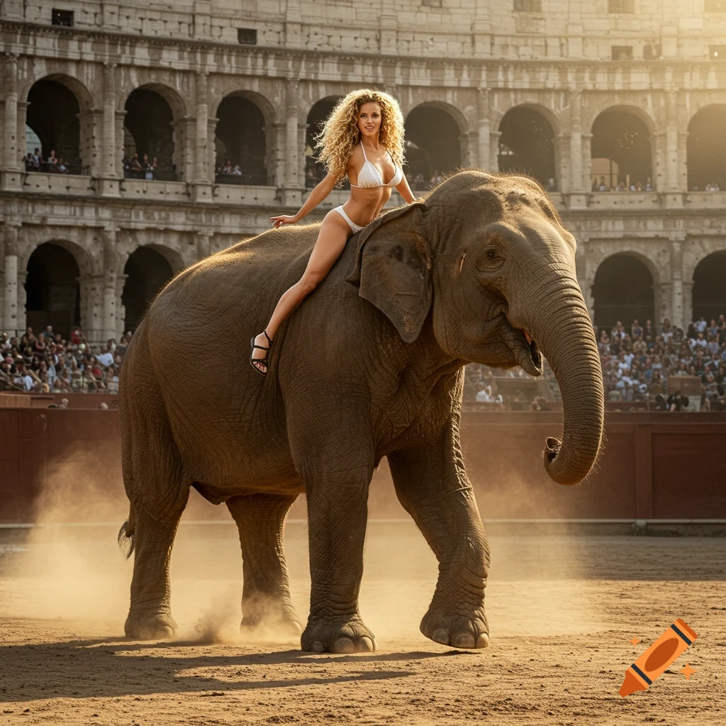 Photorealistic image of a blonde woman in a white bikini riding a large elephant in a Roman arena.
