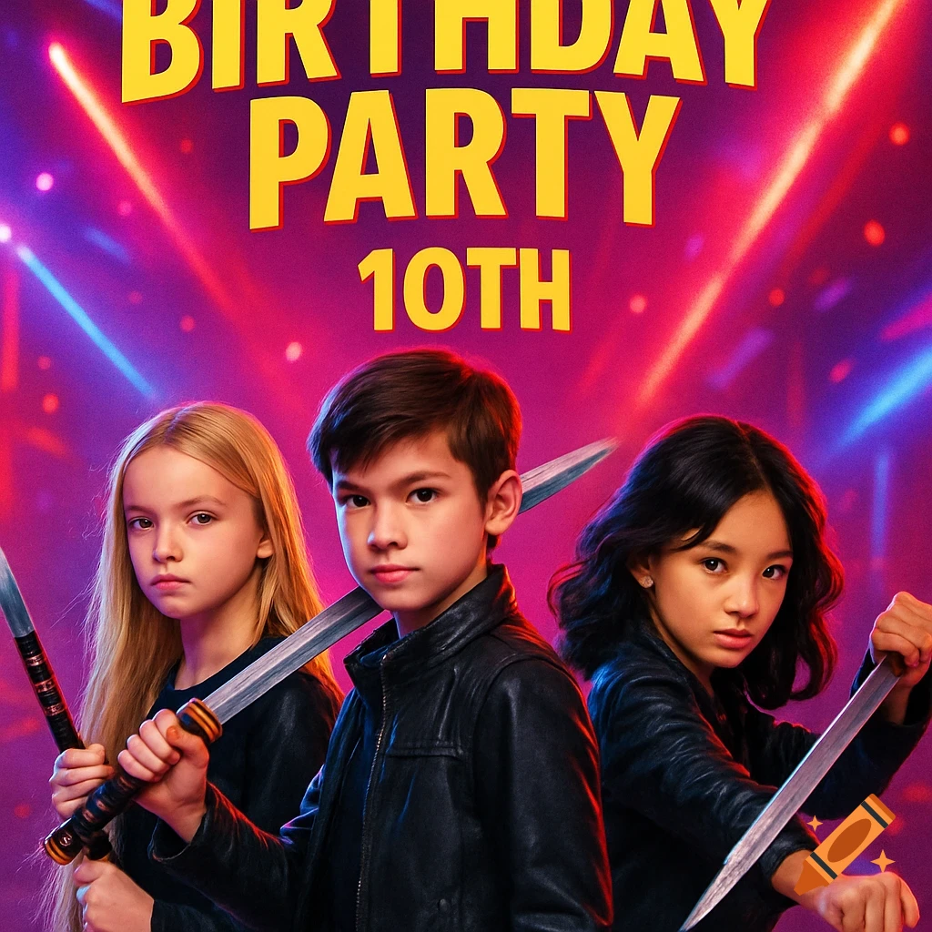Three children, two girls and a boy, in black leather jackets hold daggers against a neon-lit purple background with "BIRTHDAY PARTY 10TH" text.