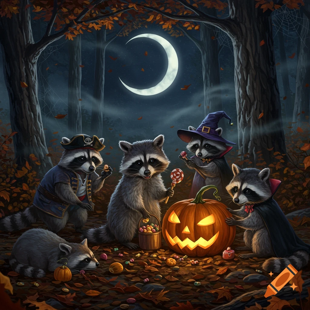 Five raccoons in Halloween costumes gathering around a glowing jack-o'-lantern in a dark forest under a crescent moon, surrounded by candy and fallen leaves.