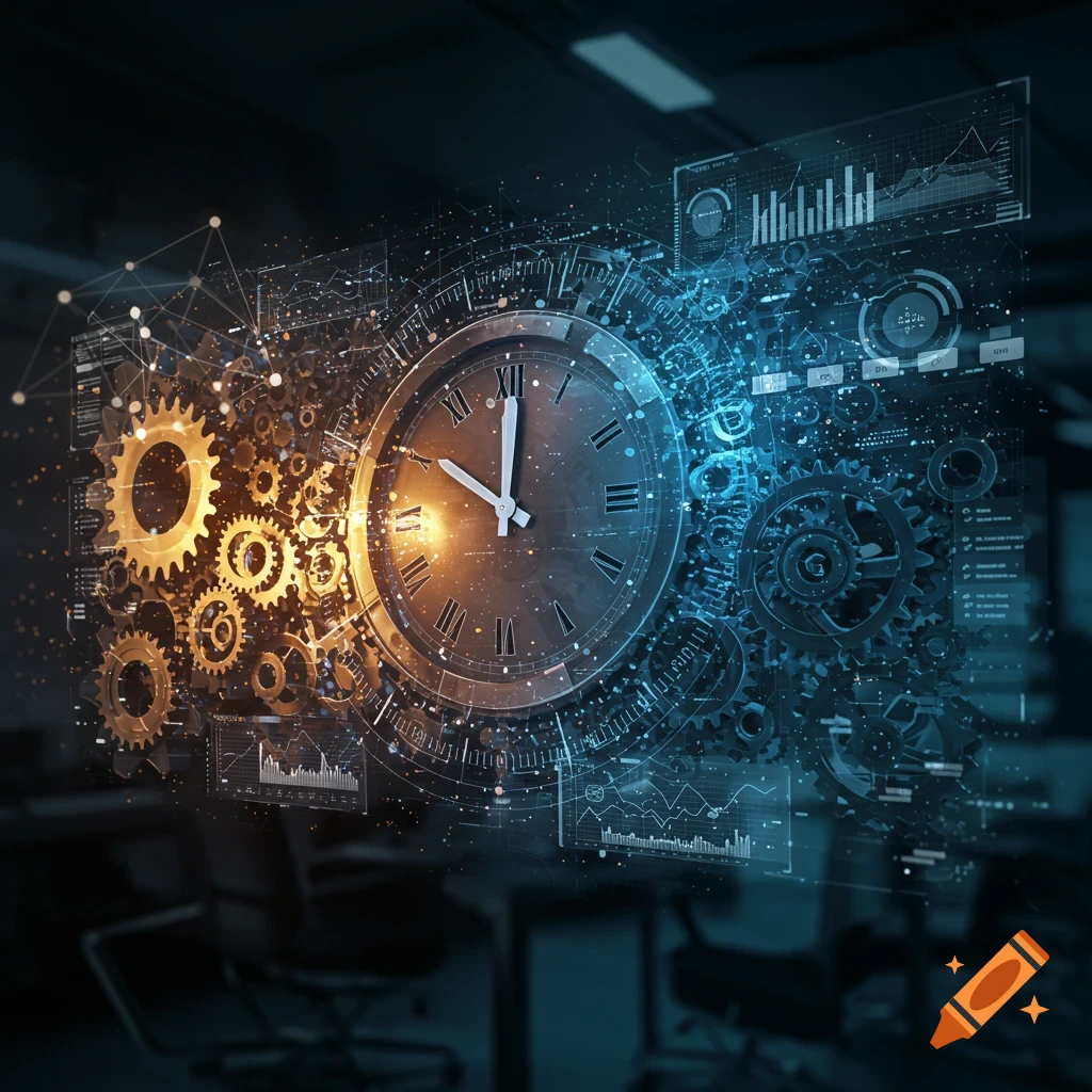 Abstract clock with glowing gears and digital data displays, split in warm orange and cool blue light.
