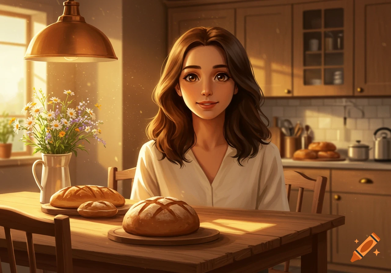 An anime-style woman with brown hair smiles, sitting at a wooden table with fresh bread in a sunlit kitchen.