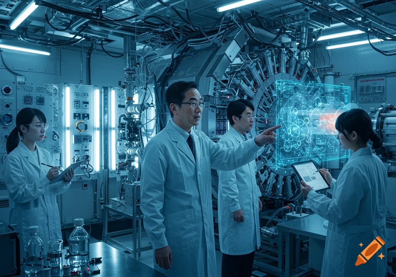 Japanese scientists in lab coats analyze data on a holographic display and tablet in a high-tech particle accelerator lab, hyper-realistic.