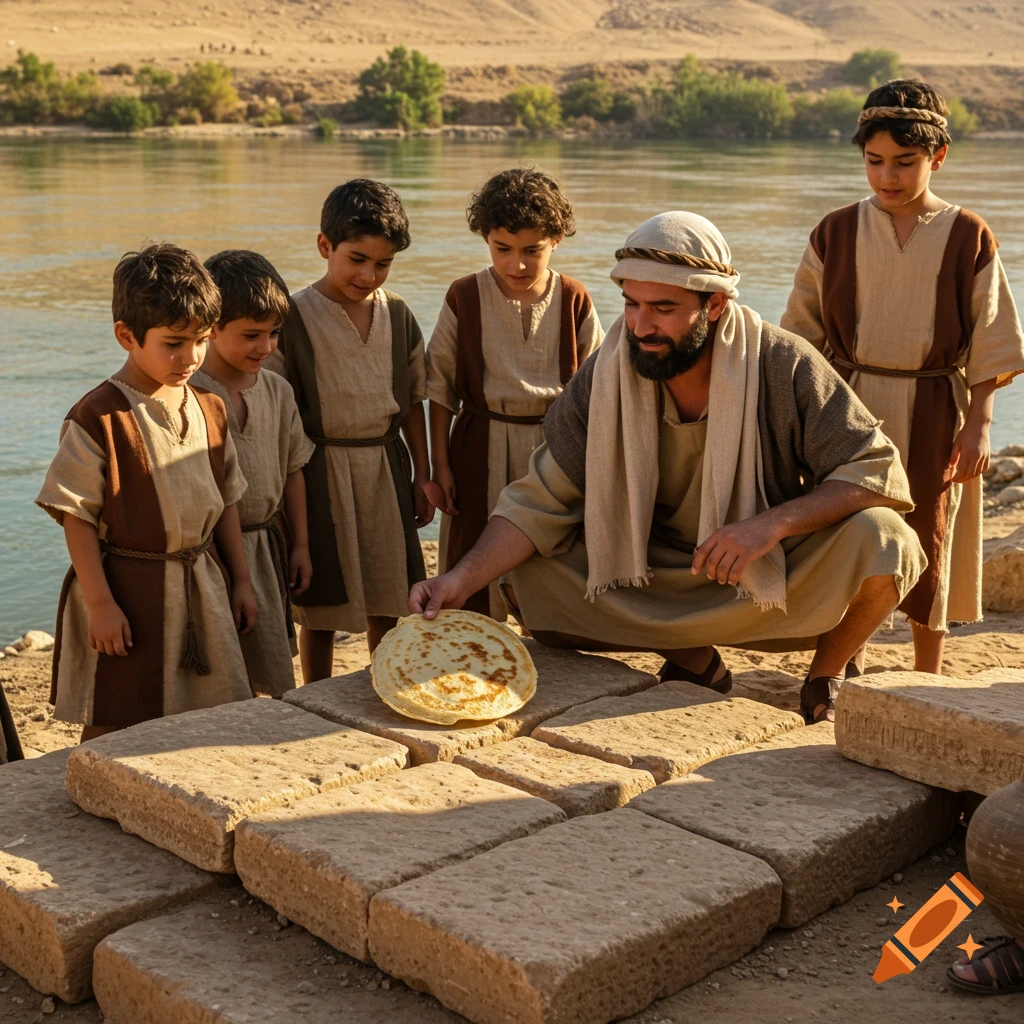 A man in ancient robes presents a flatbread to several children watching intently by a river with arid hills in the background.
