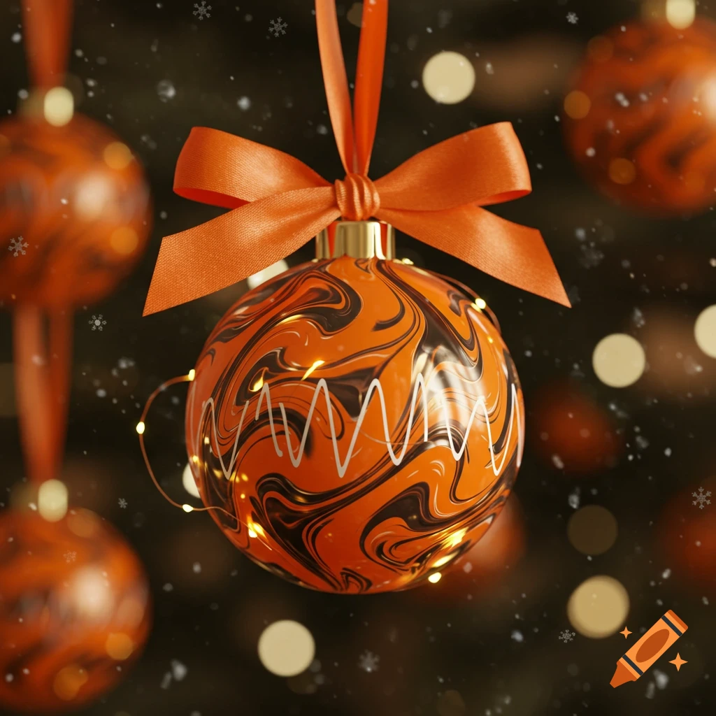A photorealistic close-up of a marbled orange and black Christmas ornament, hanging by an orange ribbon, with small string lights wrapped around it and snowflakes falling.