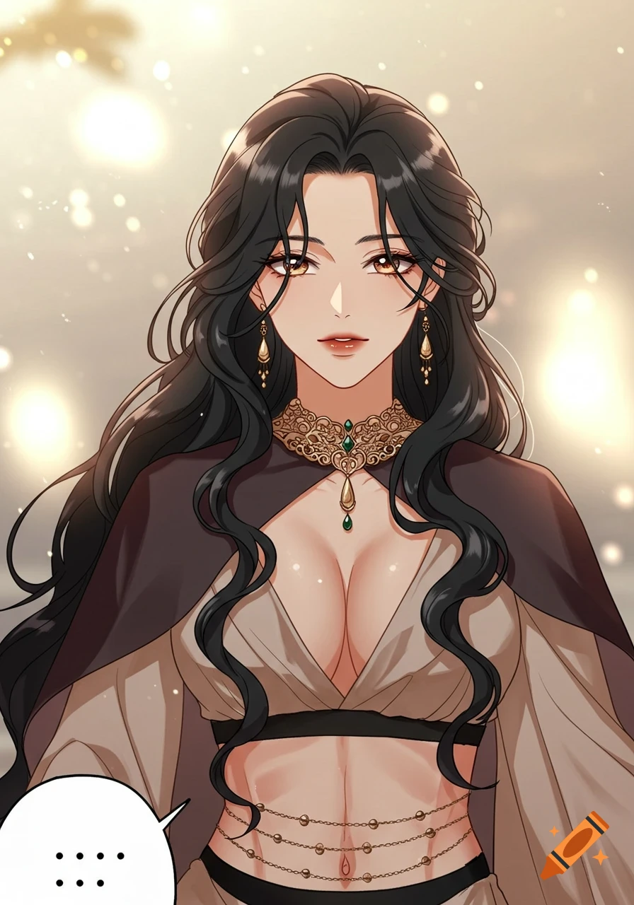 Manhwa-style illustration of a woman with long black wavy hair, brown eyes, a gold choker, a low-cut top, and a cape, with a speech bubble.