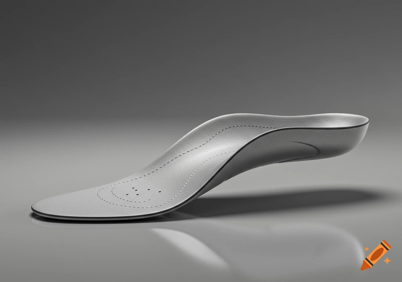 A grey orthopedic shoe insert with a textured surface and dashed stitching, viewed from the side on a grey background.
