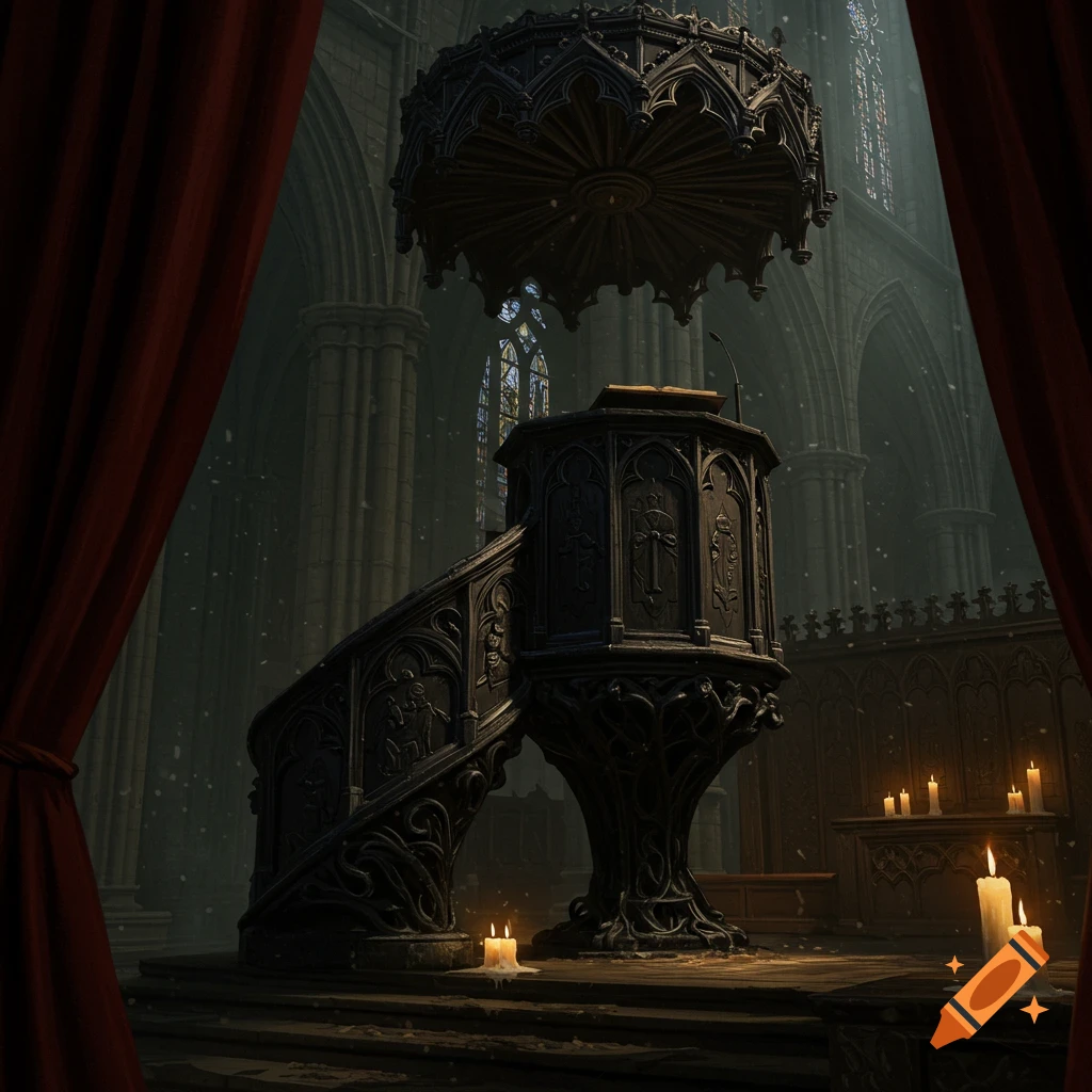 An ornate, dark gothic pulpit with a spiral staircase, lit by candles, inside a large, dimly lit church with red drapes.