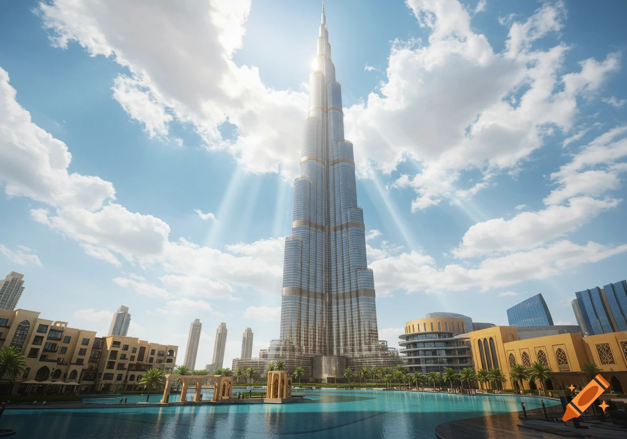 The towering Burj Khalifa skyscraper under a bright blue sky with sun rays, surrounded by buildings and a reflective pool.