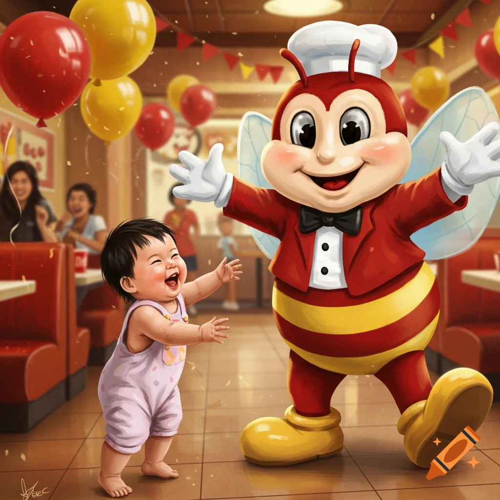 A happy baby reaching out to the Jollibee mascot in a brightly decorated Jollibee restaurant, illustration.
