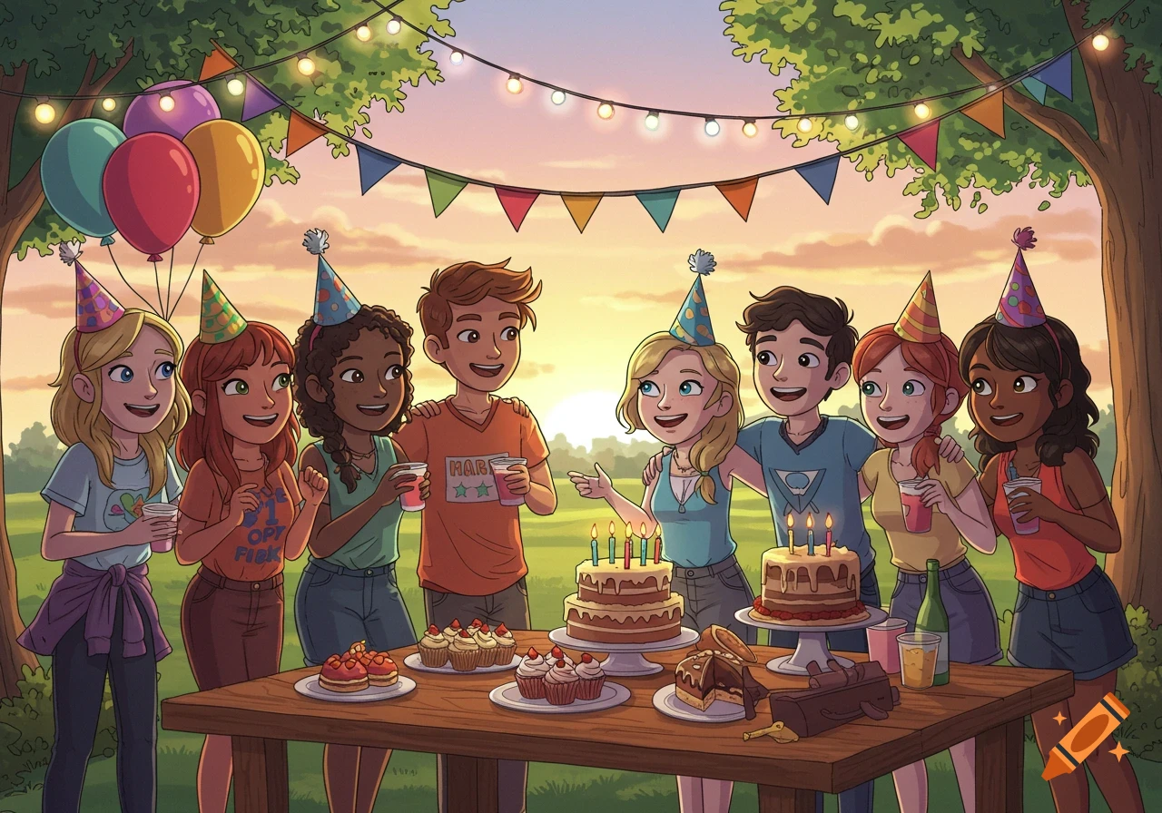 Cartoon illustration of eight diverse friends celebrating a birthday outdoors with cakes, cupcakes, and balloons at sunset.