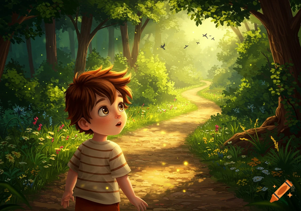 A curious cartoon boy with brown hair looks up in a sunlit green forest with a winding path and sparkling lights.