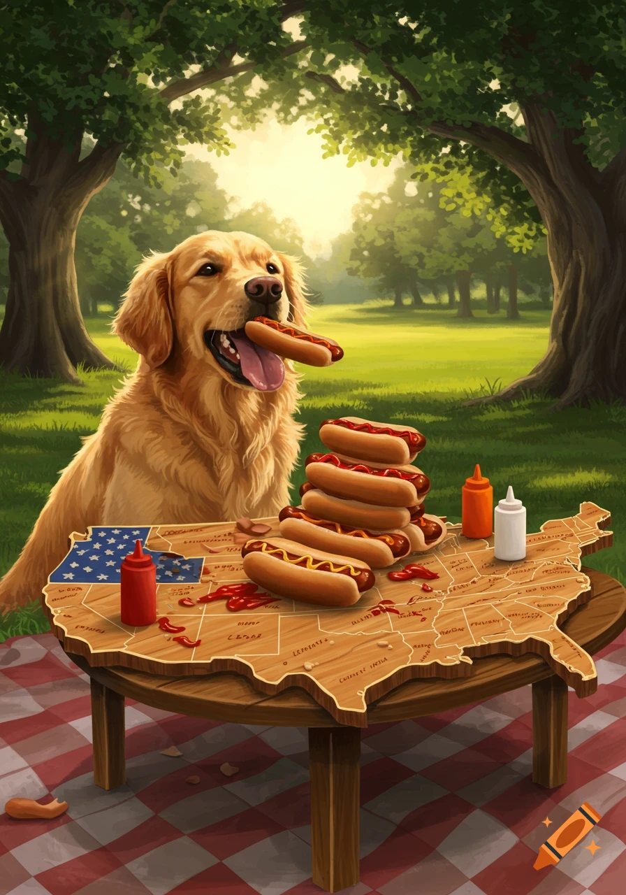 A happy golden retriever holds a hotdog in its mouth, sitting next to a pile of hotdogs on a USA-shaped picnic table in a park.