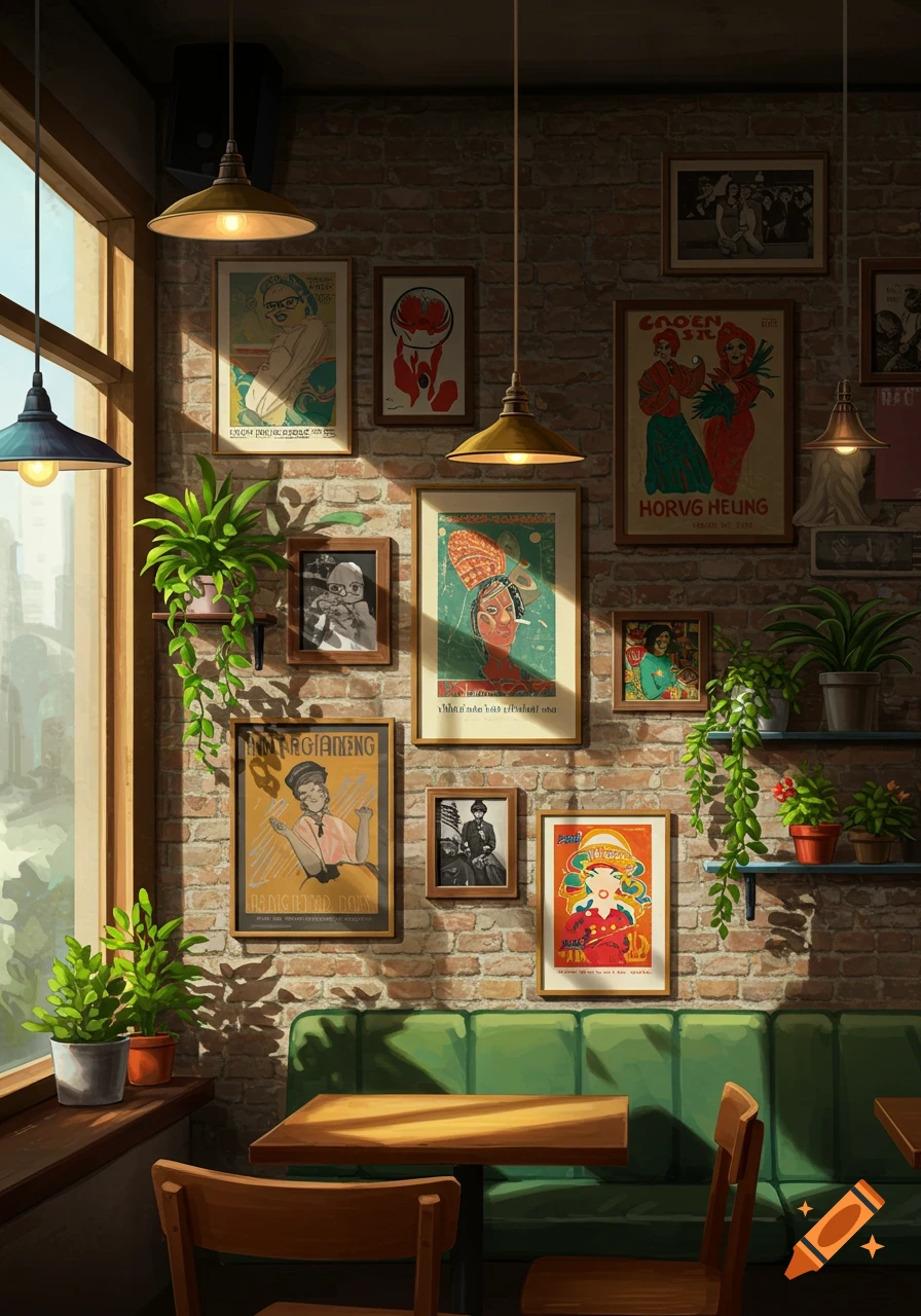 A cozy cafe interior with a brick wall adorned with various framed posters, hanging plants, and warm lighting, next to a window.