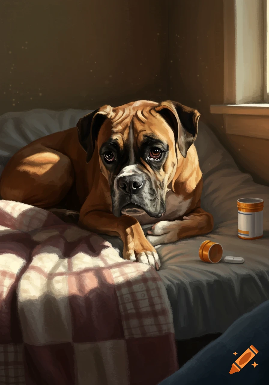 An illustration of a sad boxer dog lying on a bed with medicine bottles nearby, lit by sunlight from a window.