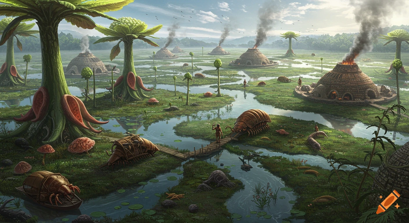 A hyper-realistic alien wetland landscape with humans, giant plants, dome houses, and large insect creatures navigating canals.