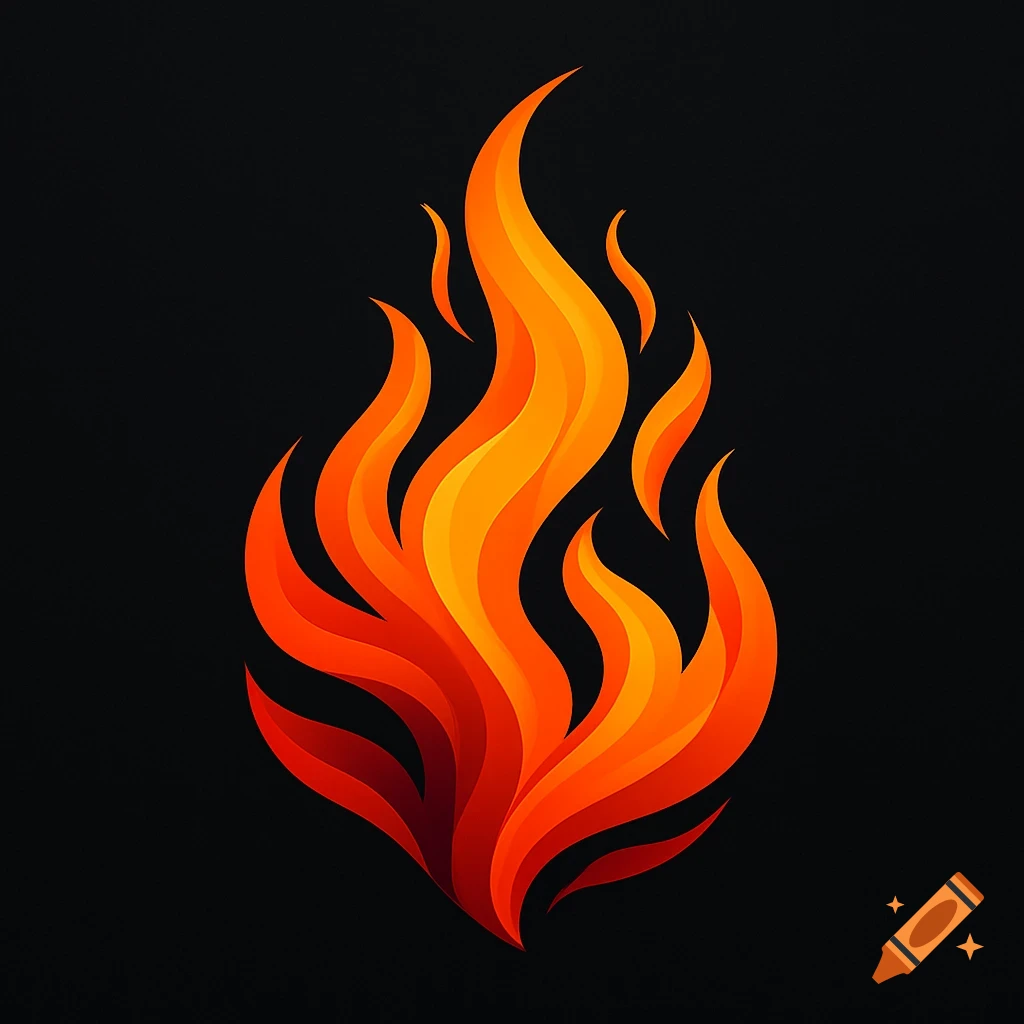 A stylized fire logo with orange and red flames on a black background.