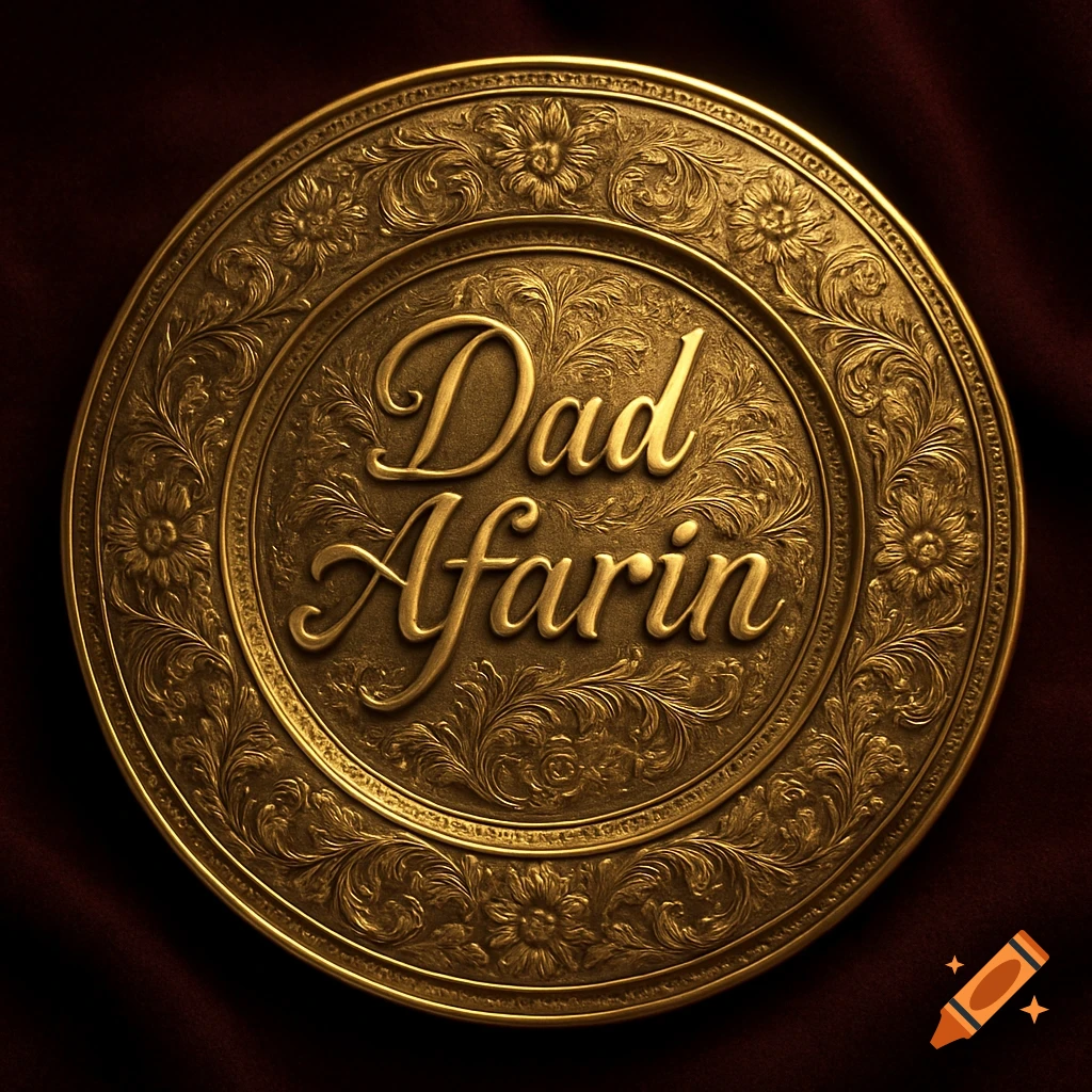 A highly detailed, ornate gold plate with floral engravings and the raised text 'Dad Afarin' in the center.