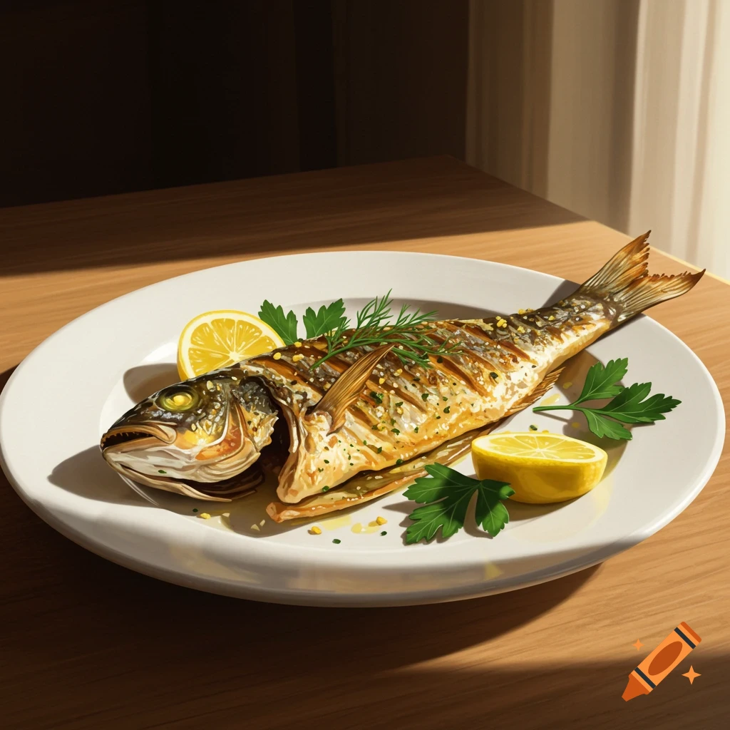 A grilled whole fish on a white plate, garnished with lemon slices and fresh herbs, resting on a wooden table.