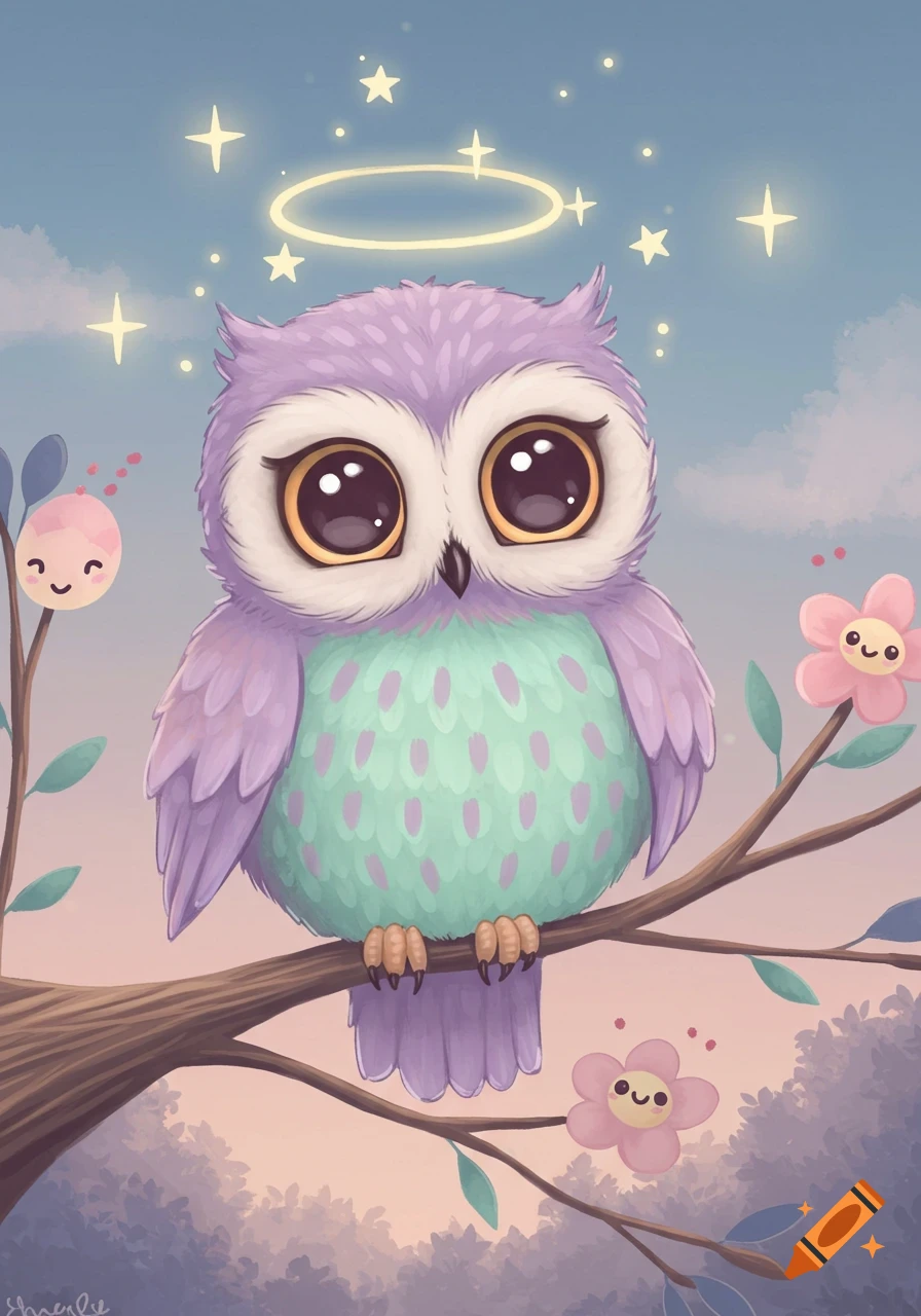 A cute, purple and green owl with big eyes sits on a tree branch under a starry sky, in a whimsical cartoon style.