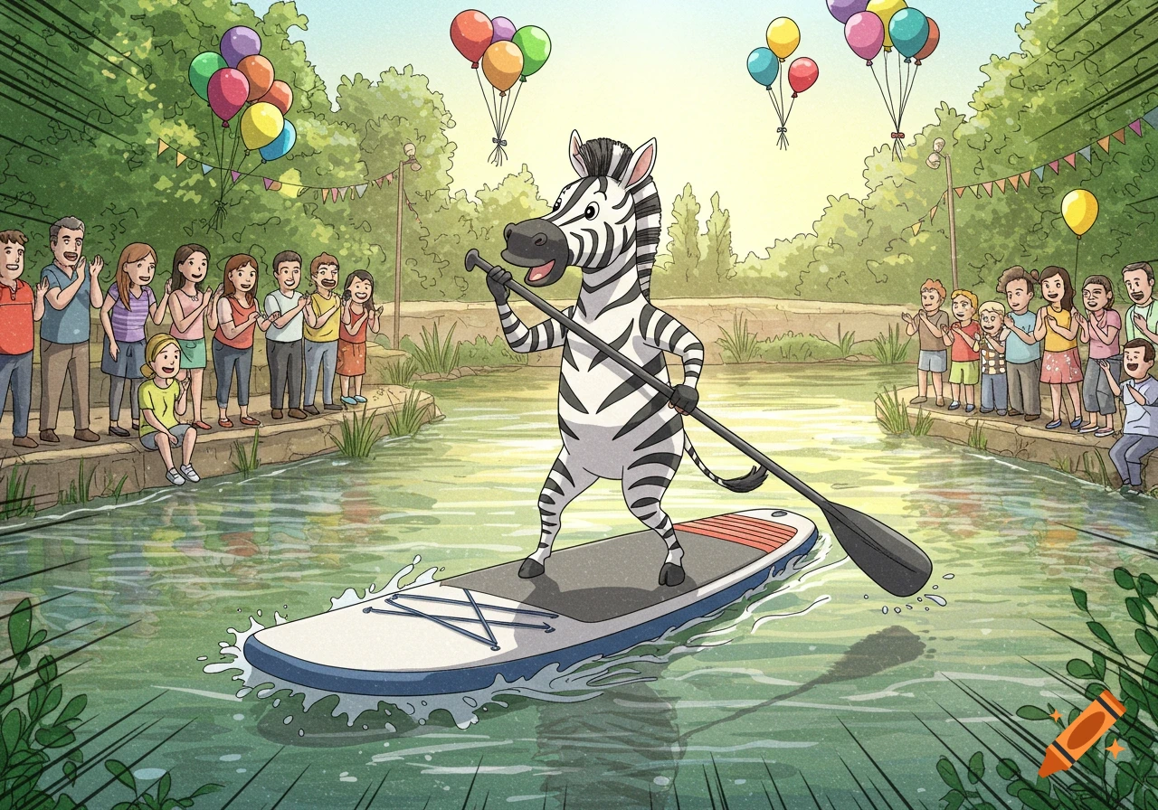 A cartoon zebra paddleboarding on a river, cheered on by a crowd of people on the banks, with colorful balloons floating above.