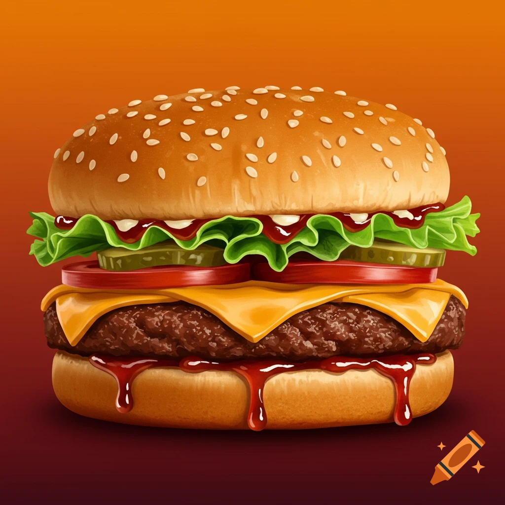 A detailed illustration of a cheeseburger with lettuce, tomato, pickles, ketchup, and mayonnaise, dripping sauce.