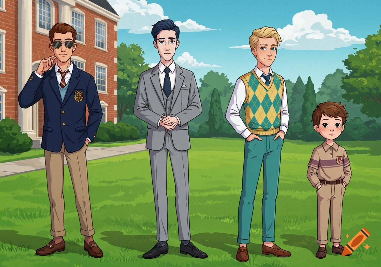 Four anime-style males, including a child, in preppy school uniforms stand on a lawn in front of a brick building under a clear blue sky.