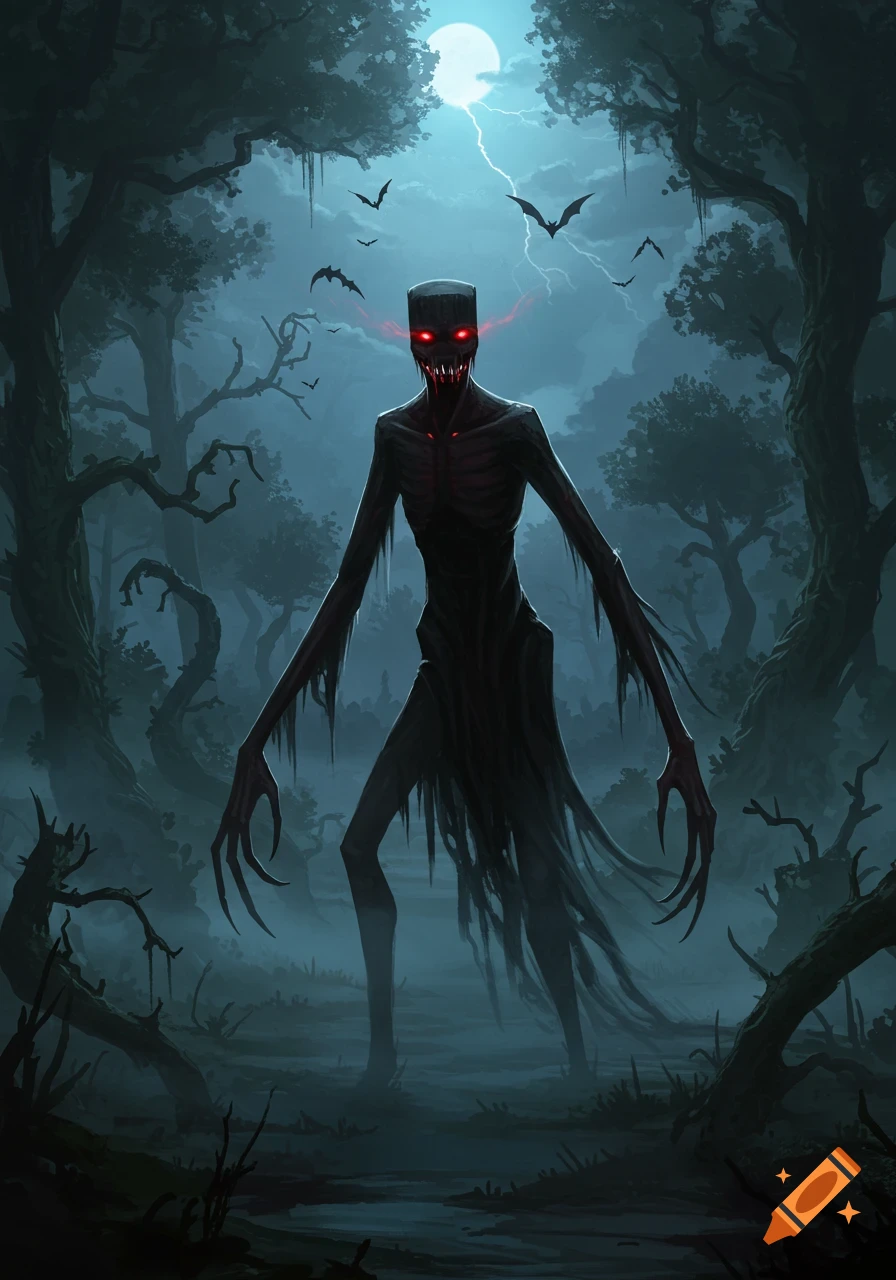 A tall, dark monster with glowing red eyes and long claws stands in a foggy forest under a moonlit, lightning sky with bats. Dark fantasy art.