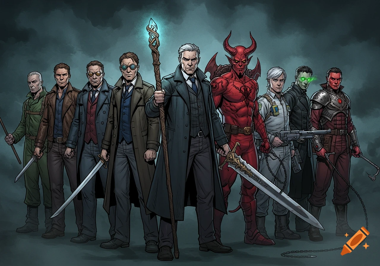 A group of nine diverse comic-book style characters, including human-like figures, a red demon, and armored warriors, stand in a line holding various weapons like swords, a staff, a gun, and a whip, against a dark, misty background.